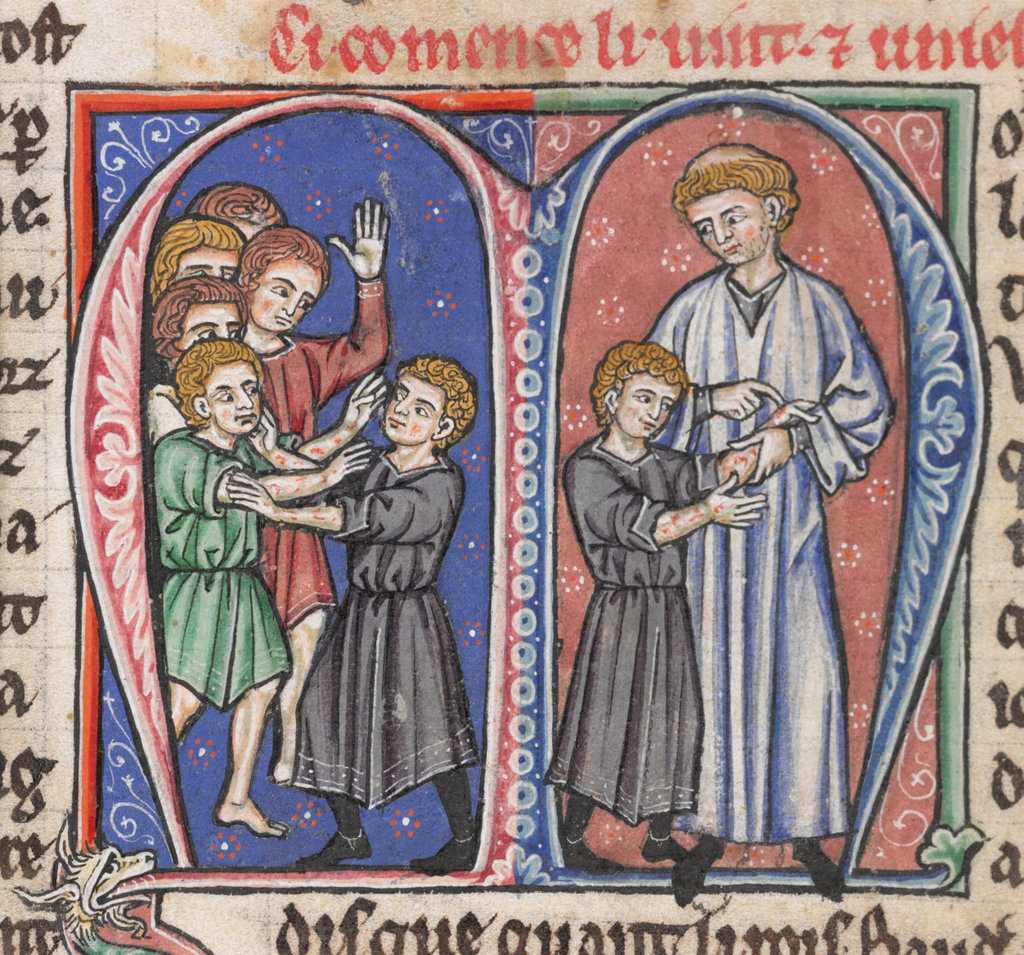 Thirteenth-century manuscript miniature of William of Tyre examining the young Baldwin’s arm